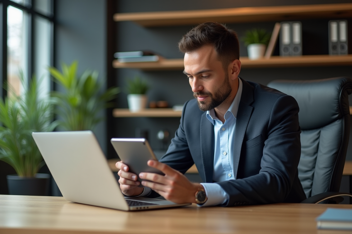Homme d'affaires concentré sur son ordinateur dans un bureau moderne