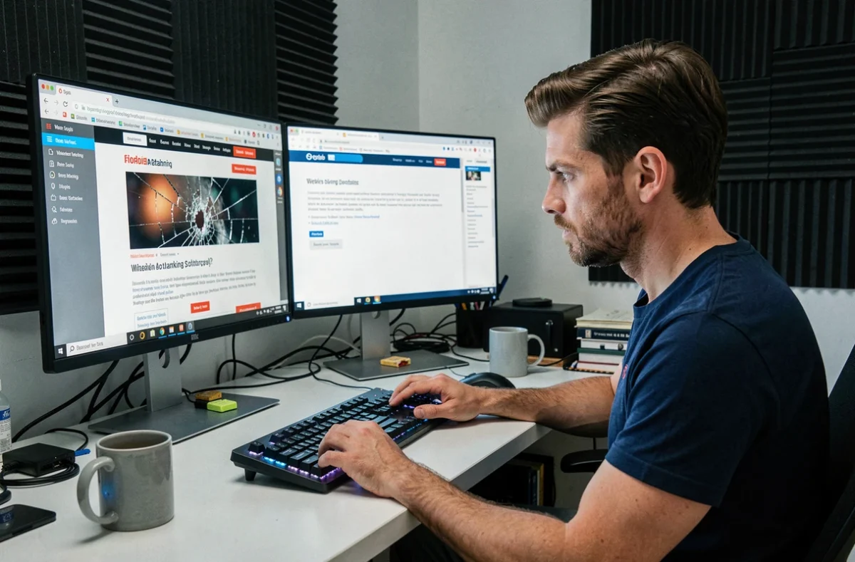 Homme comparant des alternatives de téléchargement vidéo sur un poste de travail informatique avec double écran