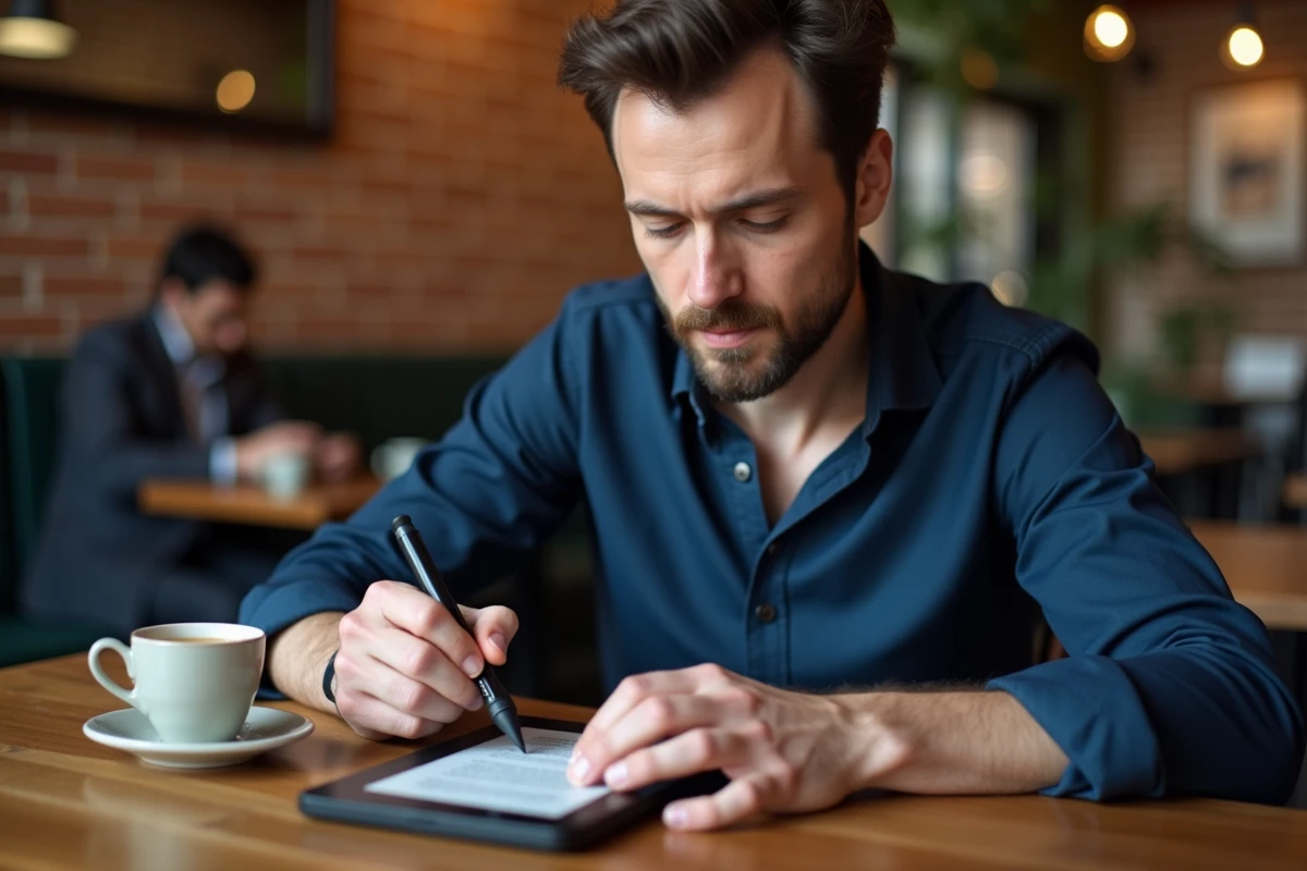 Homme annotant des notes sur une liseuse Kindle Scribe avec un stylet dans un café indépendant