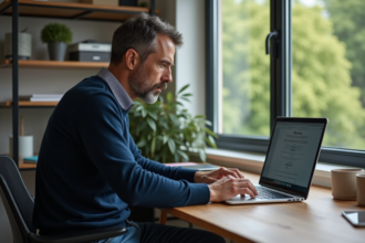 Homme concentré utilisant un ordinateur dans un bureau moderne