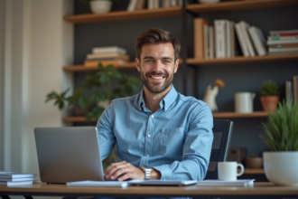 Homme d'affaires au bureau utilisant un ordinateur portable