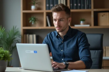 Homme concentré devant son ordinateur dans un bureau moderne