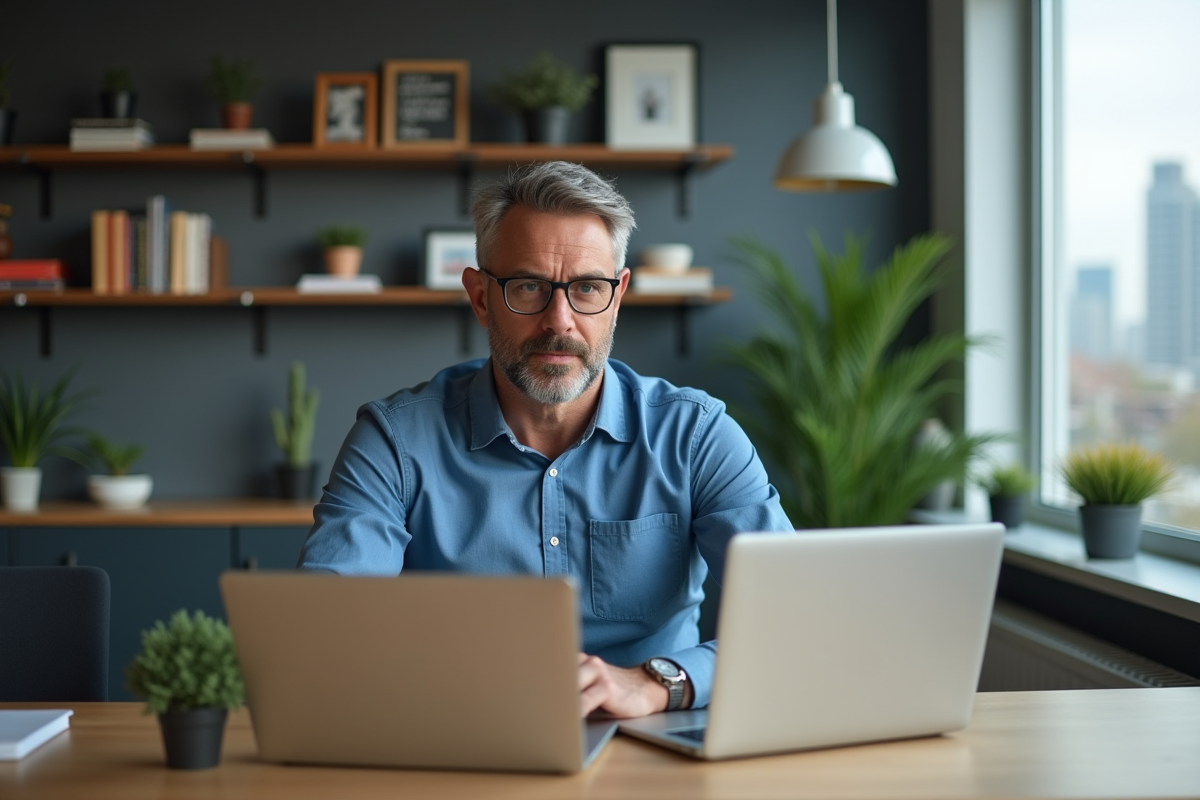 Homme en bureau moderne compare deux ordinateurs portables