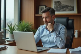 Homme d'affaires réfléchissant à son ordinateur dans un bureau