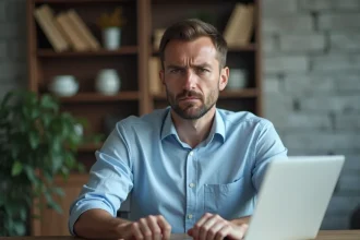 Homme en bureau avec expression stressée pour l'article