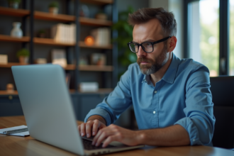 Homme d'âge moyen regardant un écran VPN déconnecté dans un bureau moderne