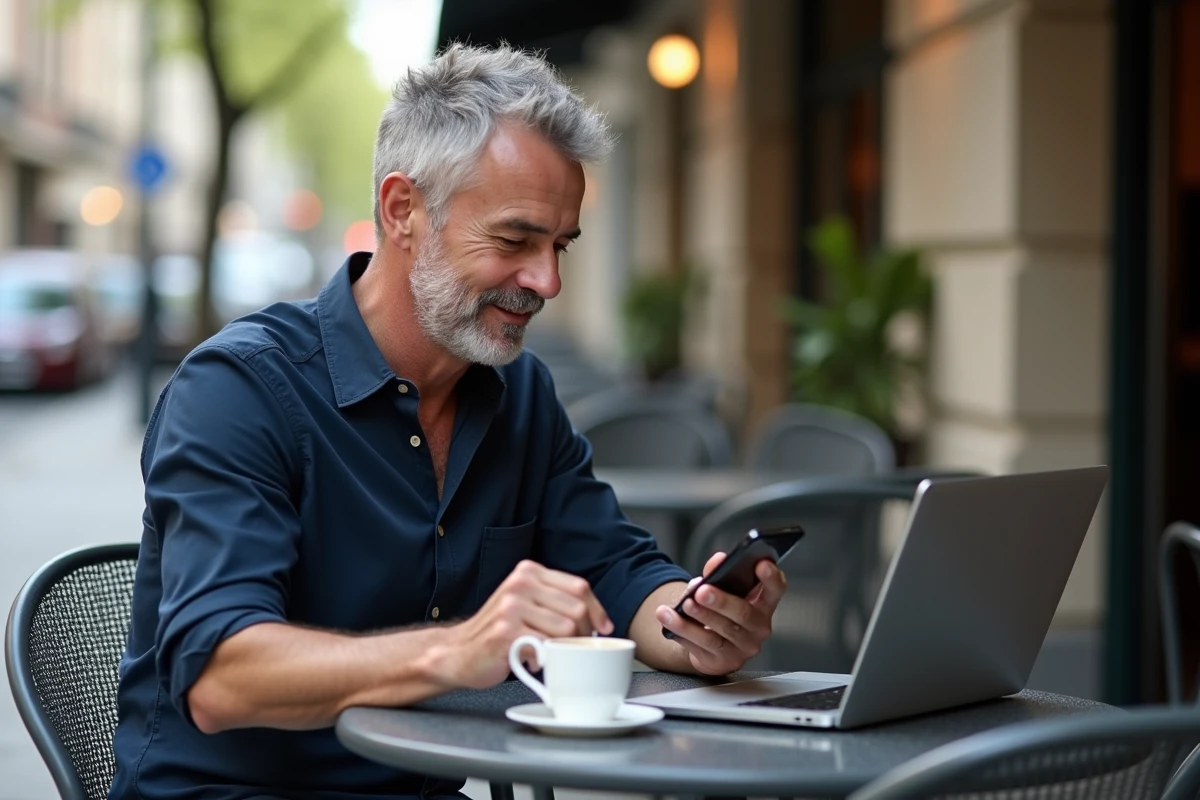 Homme au café concentré sur son smartphone et ordinateur
