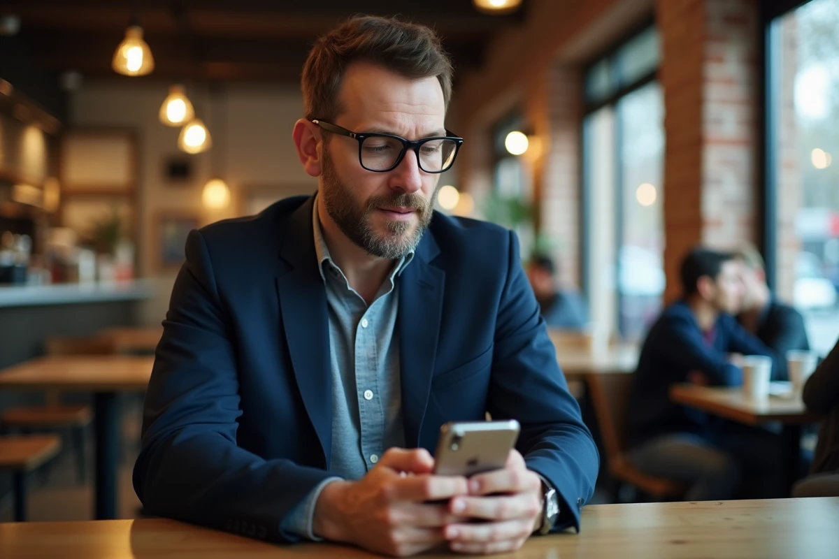 Homme dans un café utilisant un smartphone avec protection de vie privée pour voir des stories Instagram