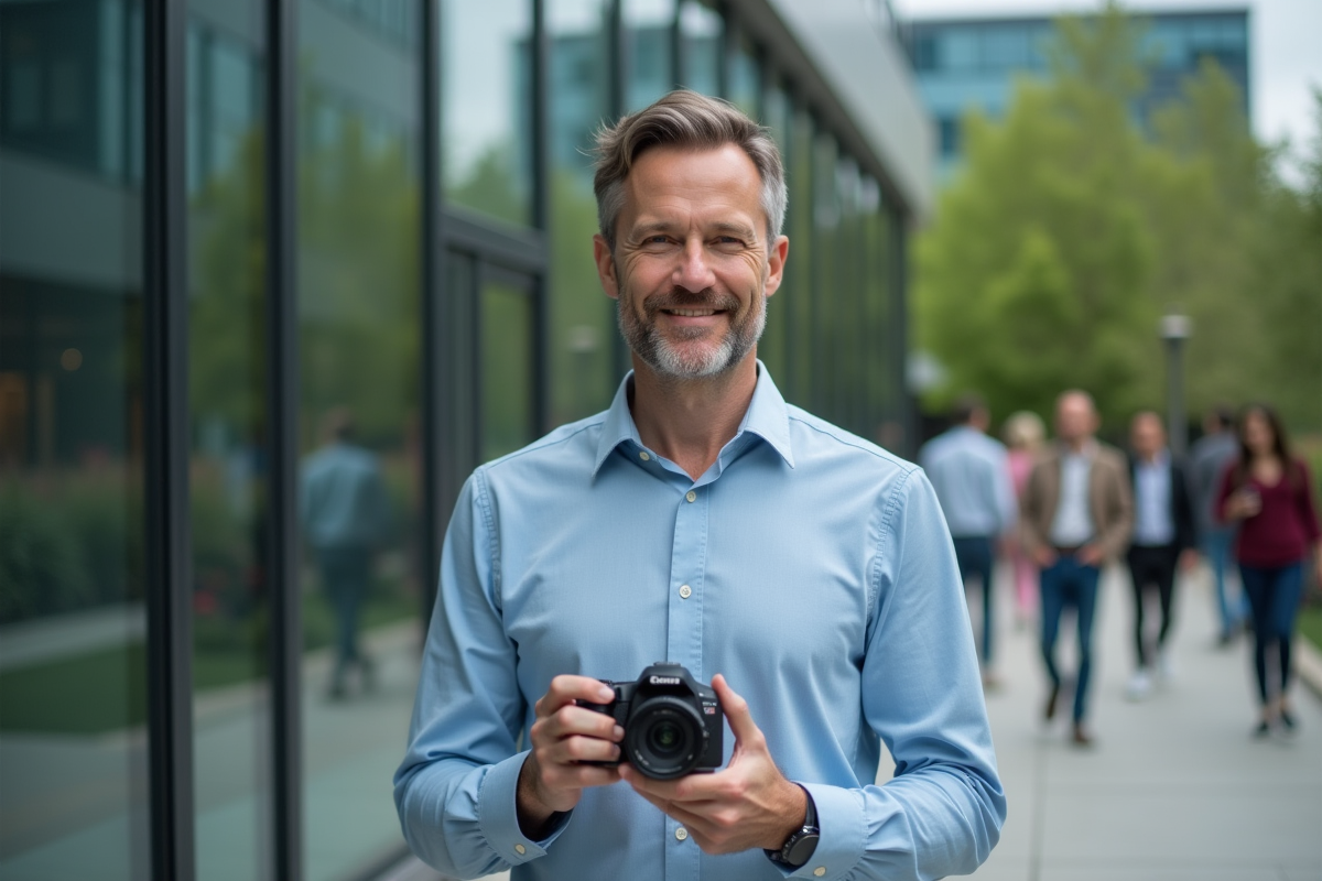 Homme créatif avec caméra en extérieur dans un environnement urbain