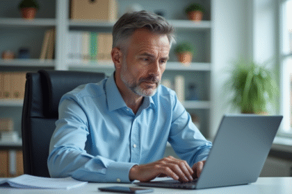 Homme d'âge moyen encryptant un document numérique dans un bureau moderne