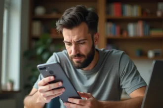 Homme examinant un Huawei P10 Lite d'occasion à son bureau pour vérifier son état avant achat