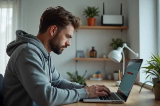 Homme frustré devant un écran de connexion avec un champ de mot de passe en erreur sur un ordinateur portable, problème de première connexion Freebox