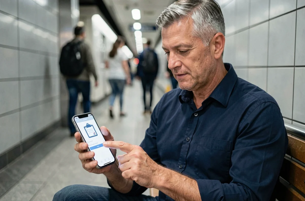 Homme utilisant le presse-papier de son iPhone dans les transports en commun pour copier-coller du texte