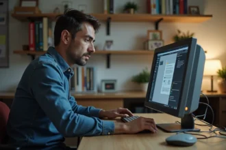 Homme d'âge moyen face à un ordinateur ancien dans un bureau