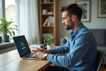 Homme en casual utilisant un ordinateur portable à la maison