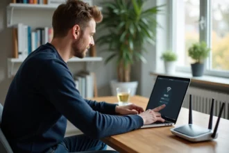 Homme d'âge moyen devant un routeur WiFi à la maison