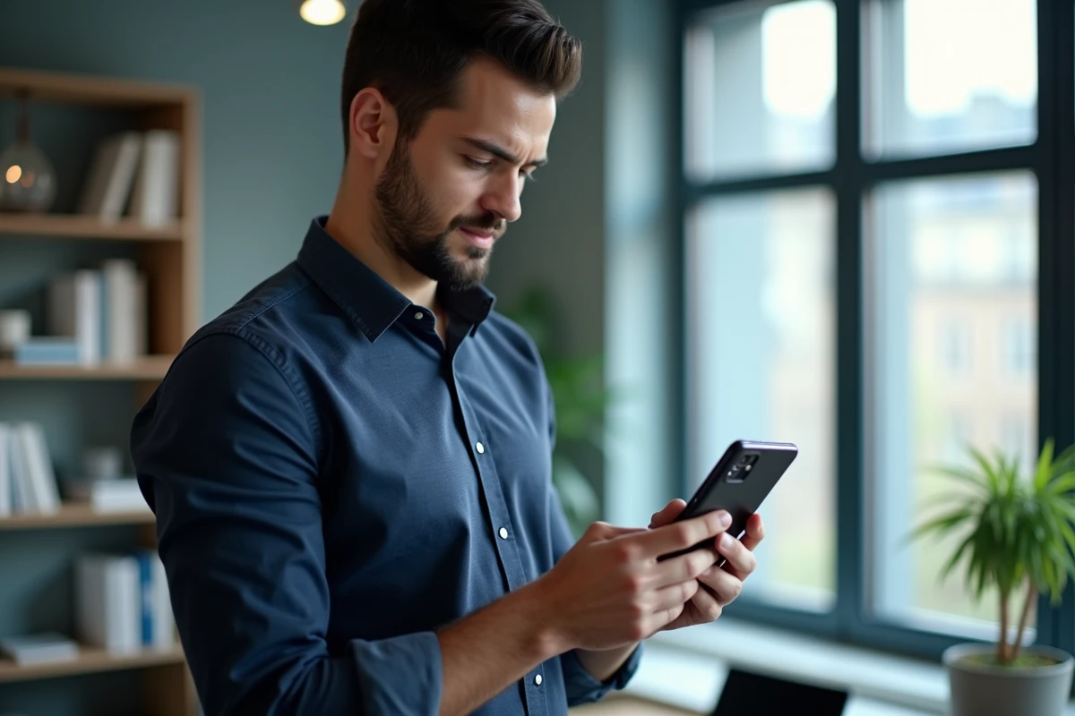 Homme en chemise bleue regardant un Google Pixel 6a lent dans un bureau moderne