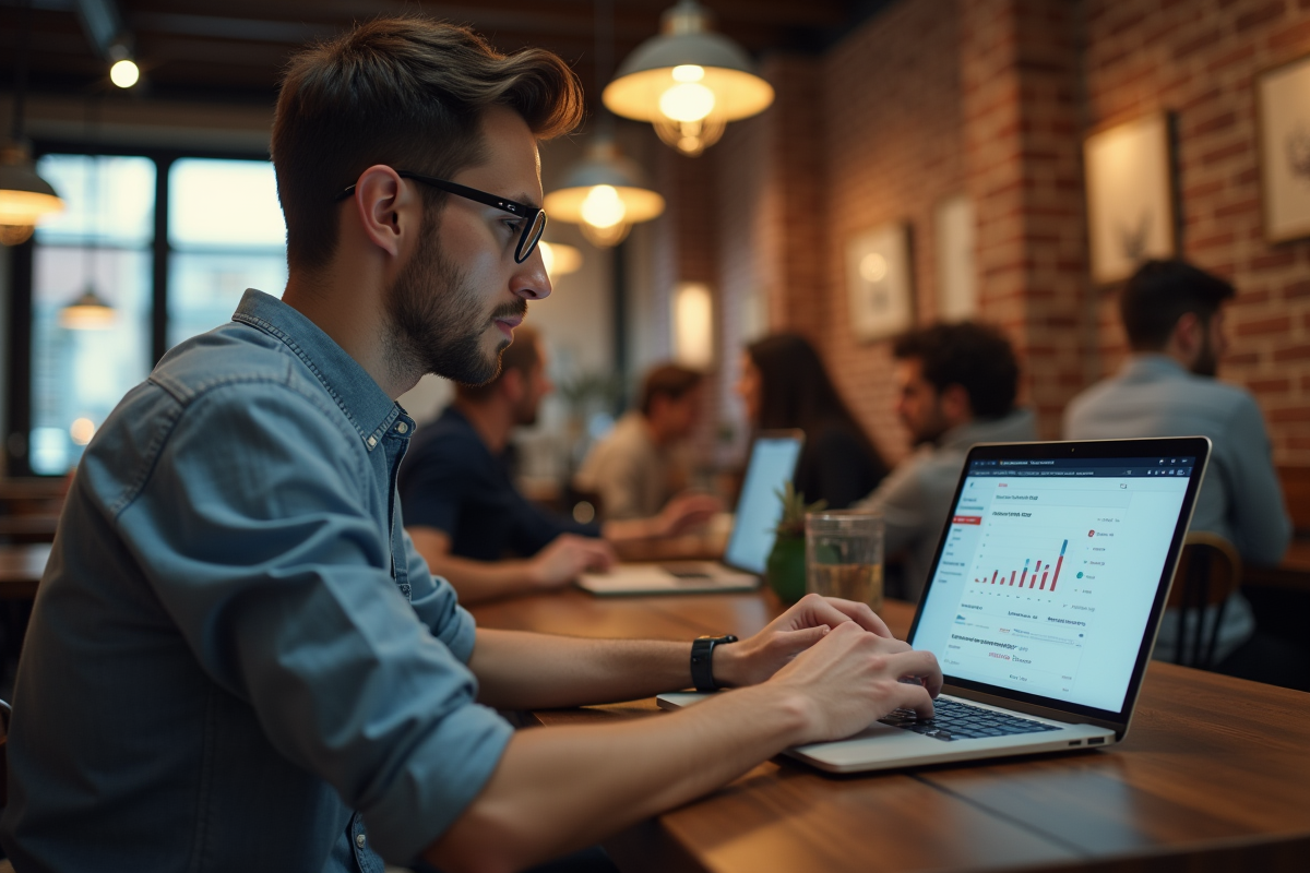Jeune homme recherchant des mots clés SEO au café