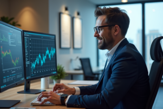Homme confiant en costume cravate dans un bureau moderne