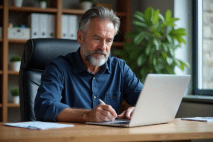 Homme d'âge moyen signant un PDF dans un bureau moderne