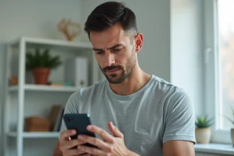 Homme tenant un smartphone Google Pixel et consultant les mises à jour Android avec une expression dubitative