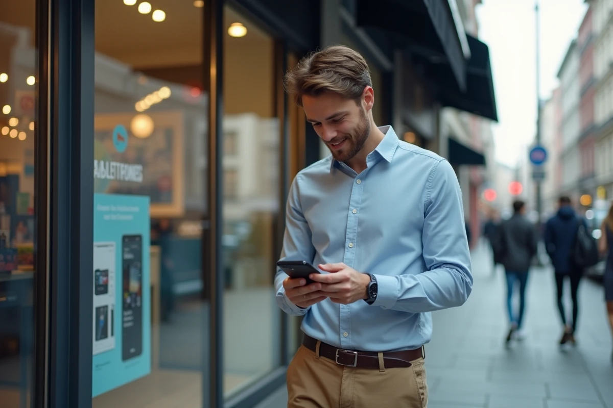 Jeune homme examine deux smartphones devant un magasin d
