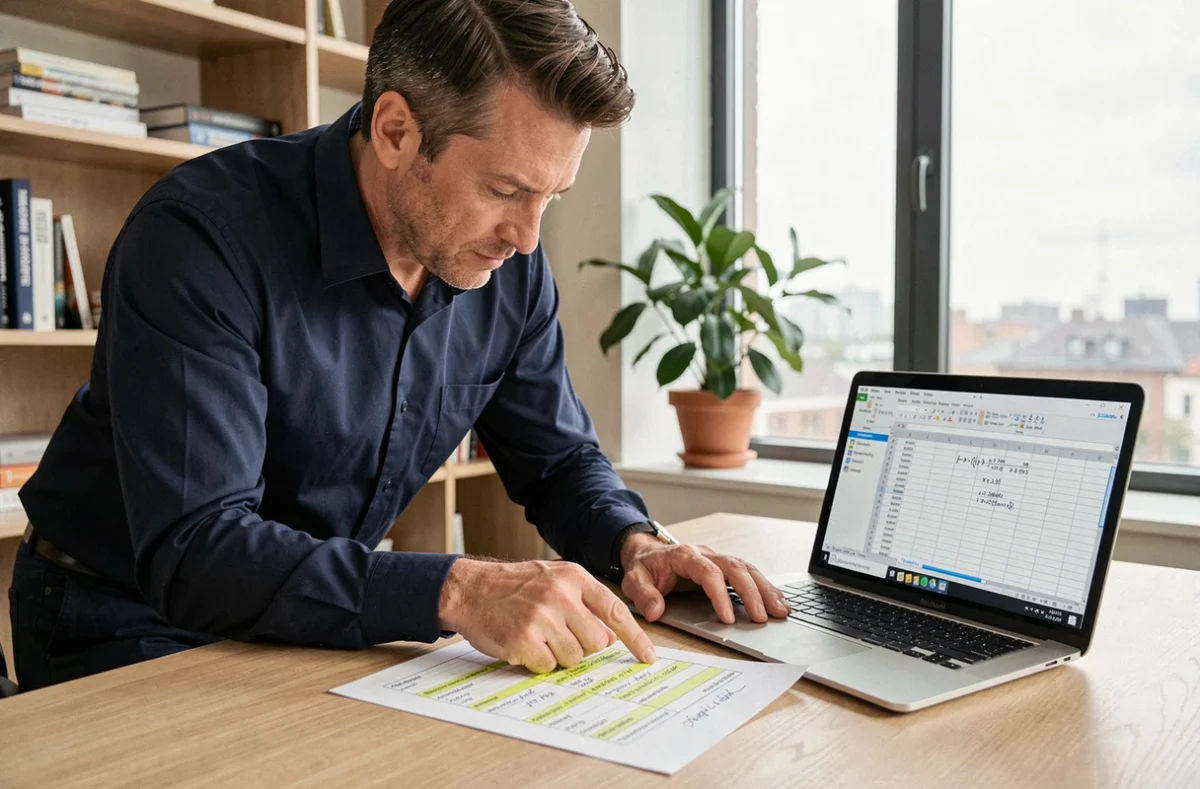 Homme en télétravail analysant des formules Excel de soustraction sur un document imprimé et un ordinateur portable