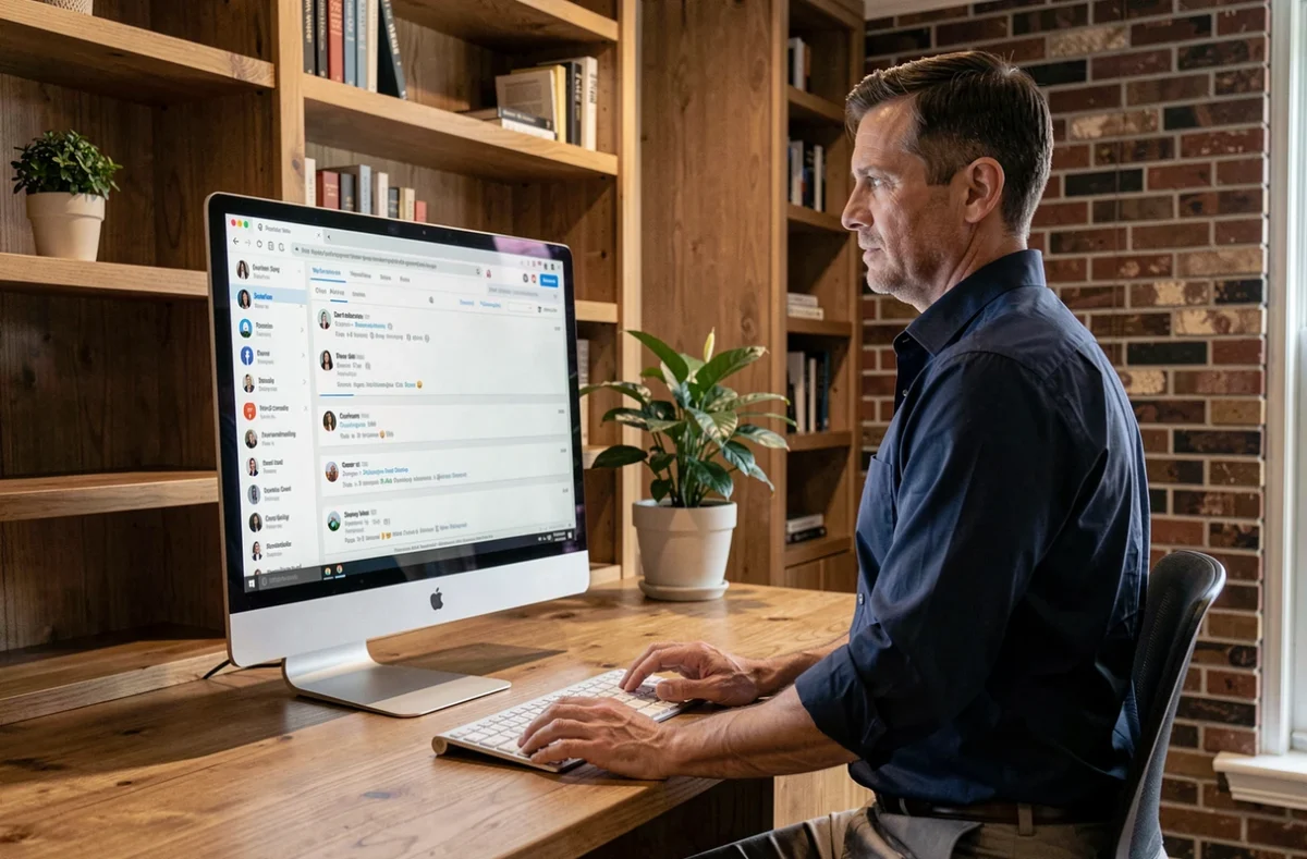 Homme en télétravail consultant les destinataires d'un email professionnel sur un grand écran dans un bureau à domicile