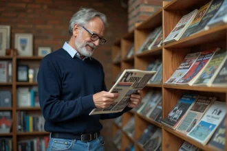 Homme d'âge moyen feuilletant magazines informatiques vintage dans une librairie