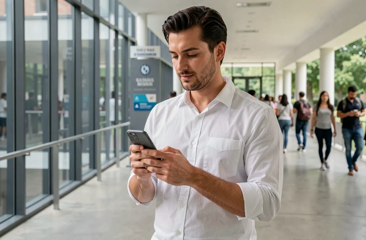 Homme configurant l'application Zimbra sur mobile dans un couloir d'université moderne