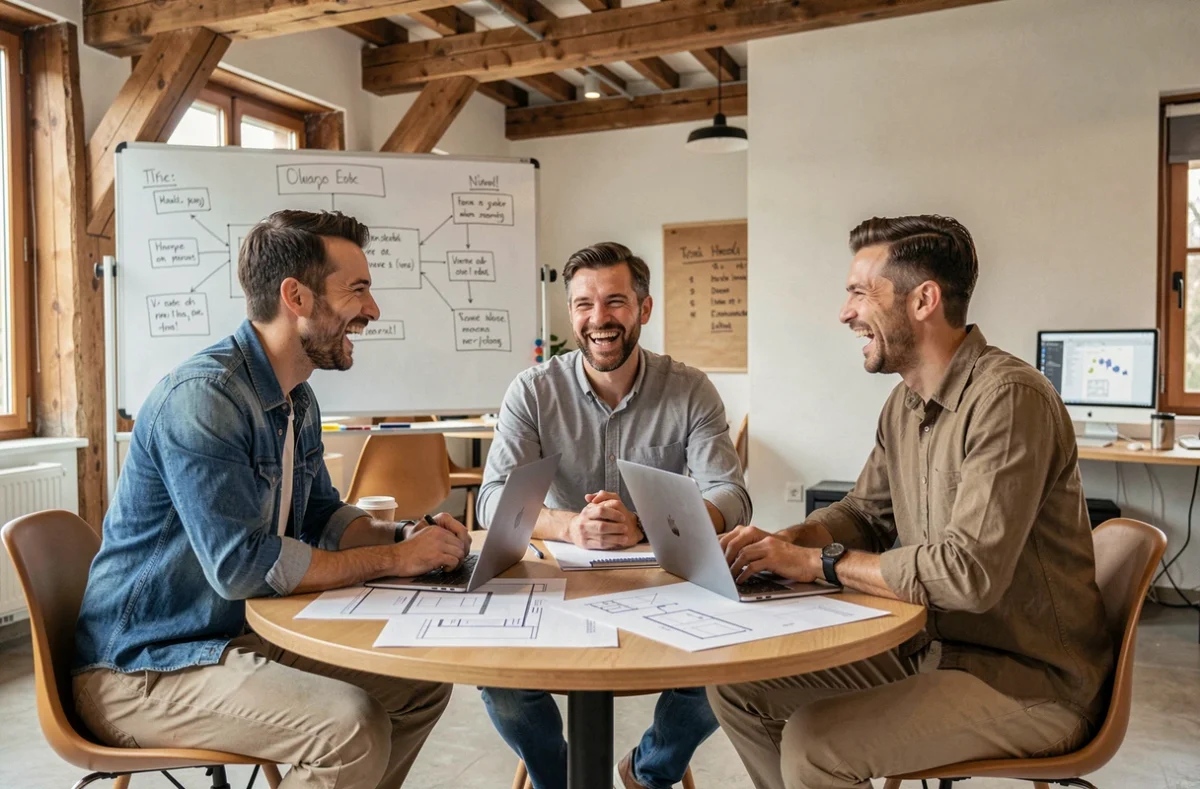 Équipe de trois professionnels d'Idéematic en session de brainstorming autour d'une table avec des wireframes imprimés et des laptops dans un bureau avec des poutres en bois