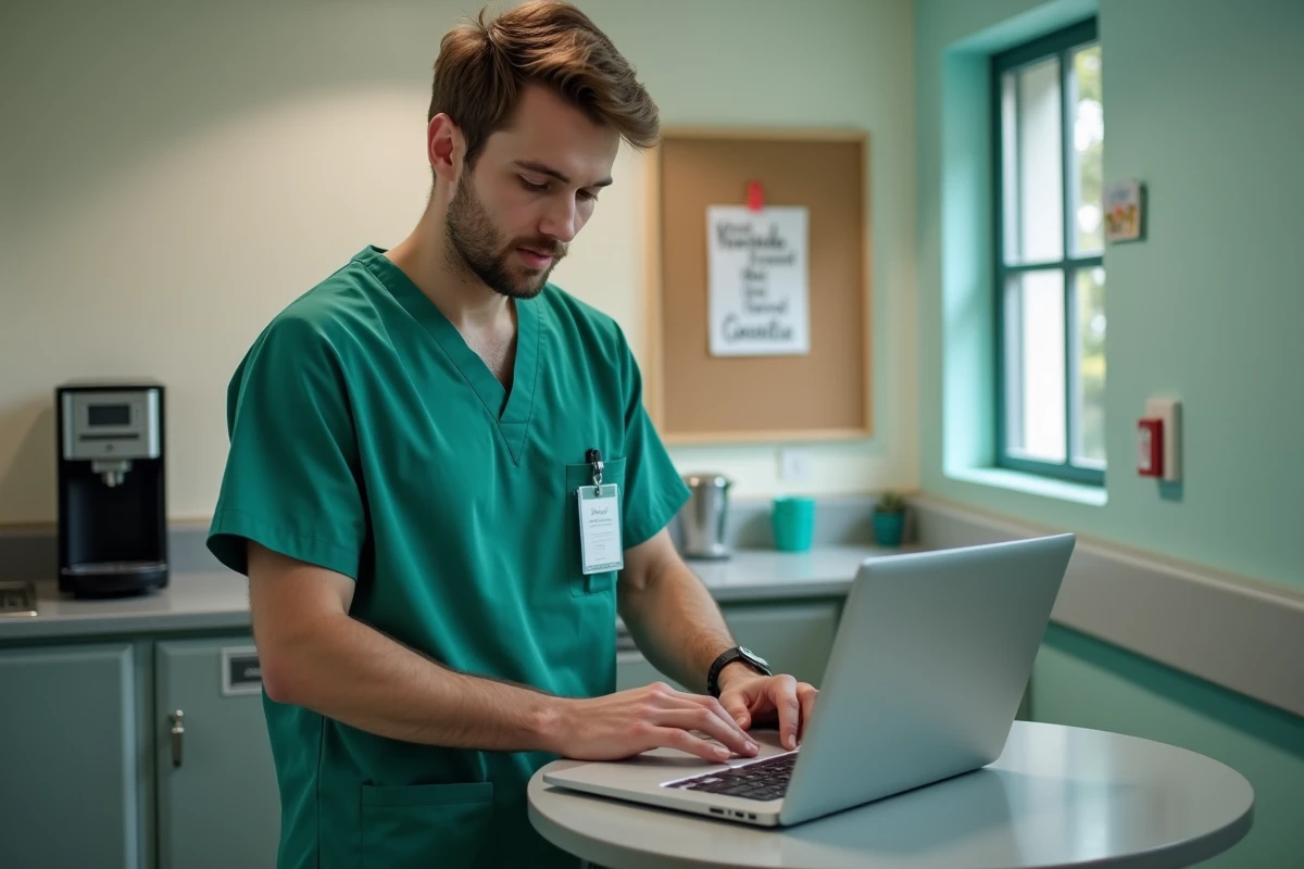 Un infirmier de l'AP-HP consulte sa messagerie professionnelle sur un ordinateur portable dans la salle de pause d'un hôpital