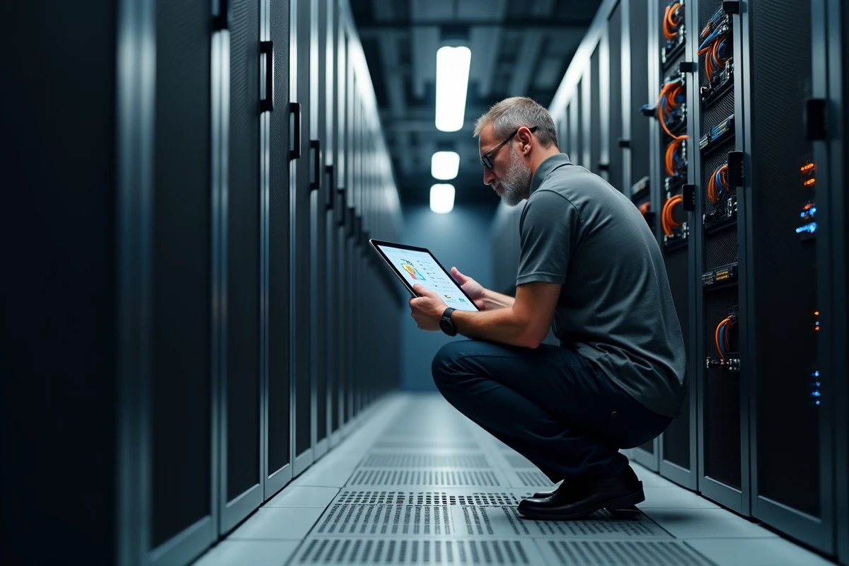 Ingénieur réseau inspectant un rack de serveurs dans un centre de données illustrant l'infrastructure physique d'internet