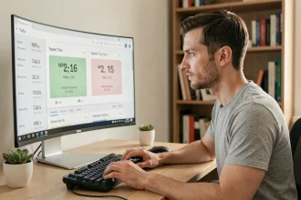 Ingénieur consultant un test de débit internet affichant des valeurs en Mbps et Mo/s sur un écran d'ordinateur