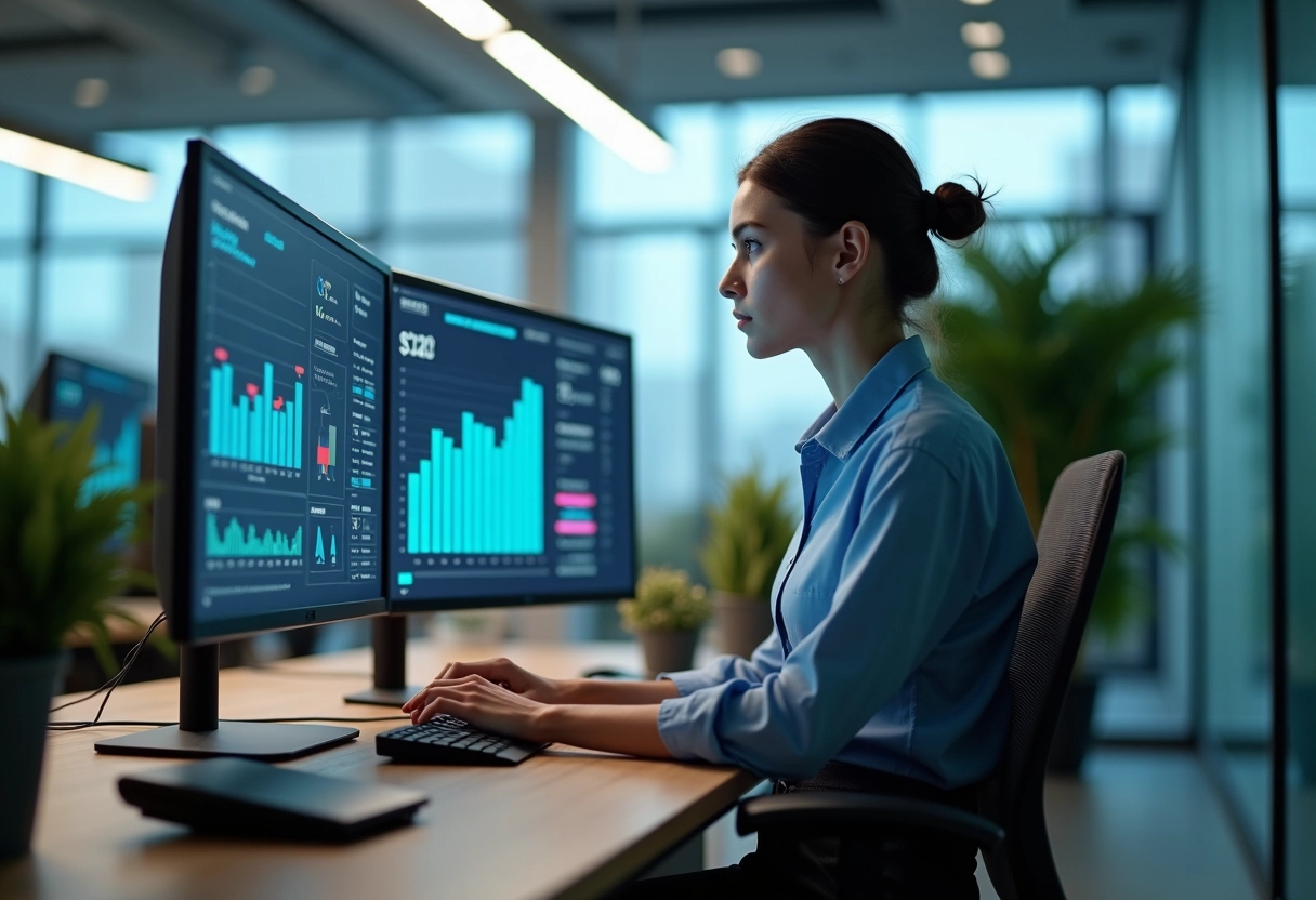 Jeune ingénieure surveillant des données sur un écran