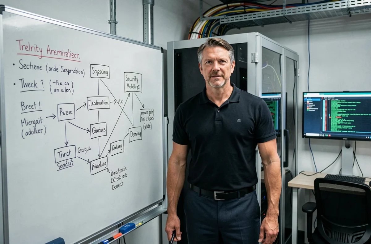 Architecte sécurité d'INNOSYS devant un tableau blanc avec des schémas de segmentation réseau dans un bureau de PME spécialisée en cybersécurité