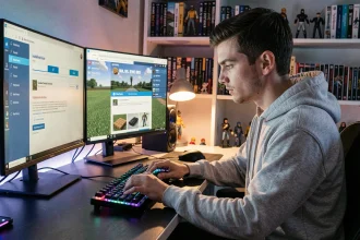 Joueur adulte installant un mod Pokémon sur Minecraft depuis son PC gaming avec double écran