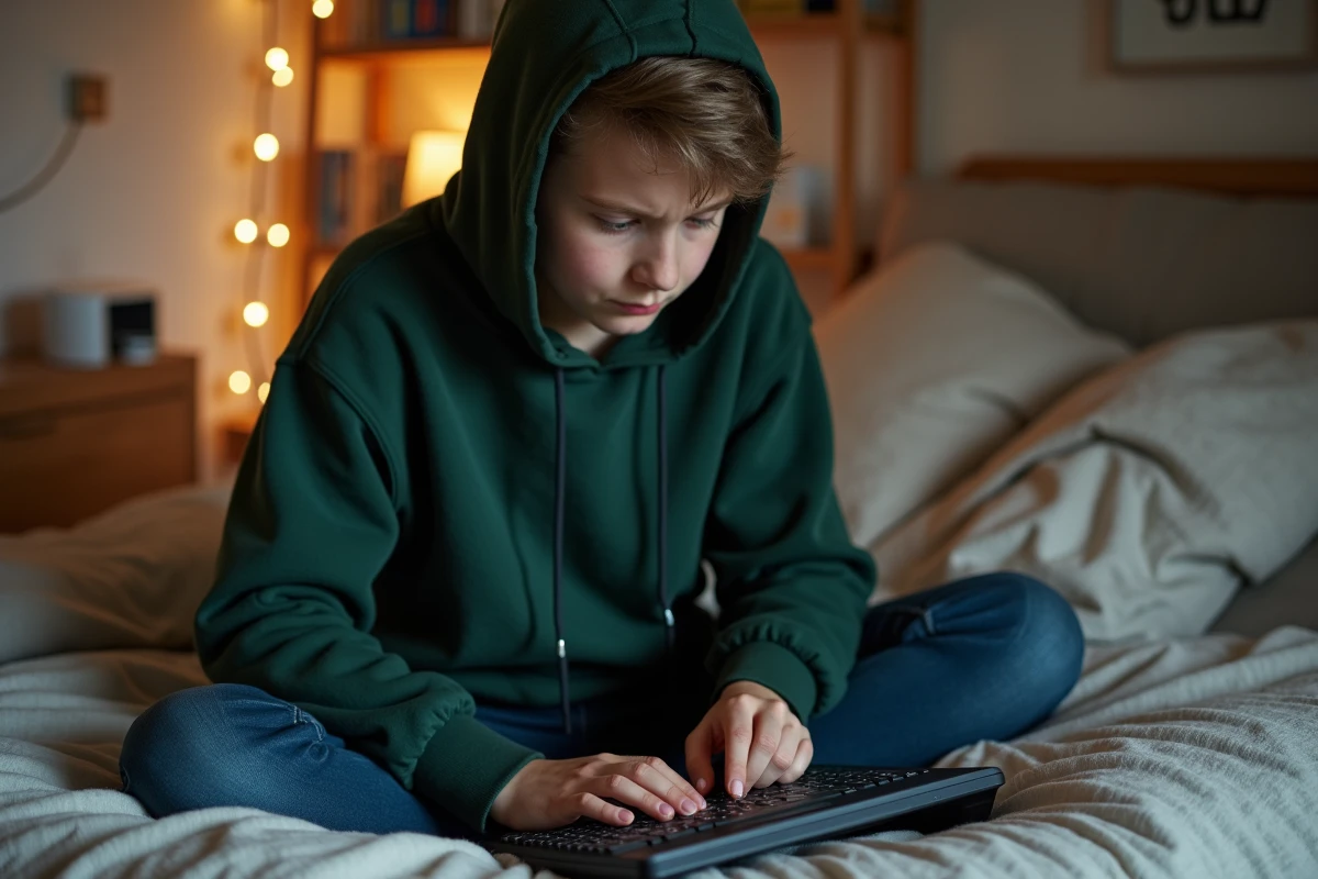 Adolescent tapant sur un clavier inversé connecté à une tablette dans sa chambre