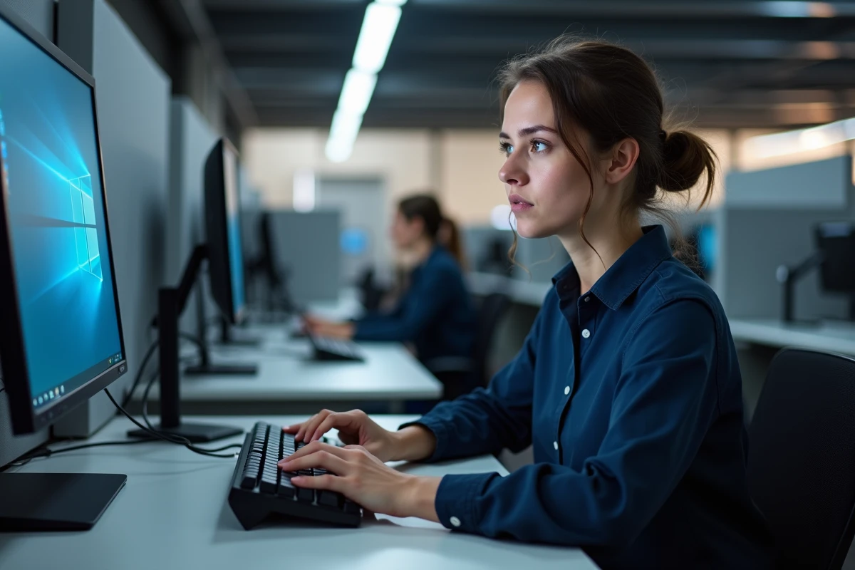 Femme consultant les paramètres Windows pour corriger l'inversion du clavier au bureau