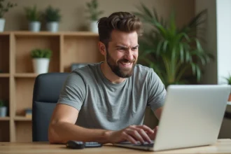 Homme appuyant sur des touches de clavier d'ordinateur portable pour inverser la disposition des touches