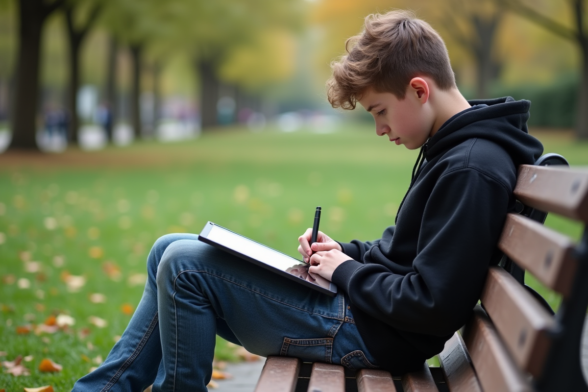 Adolescent dessinant sur une tablette dans un parc en plein air