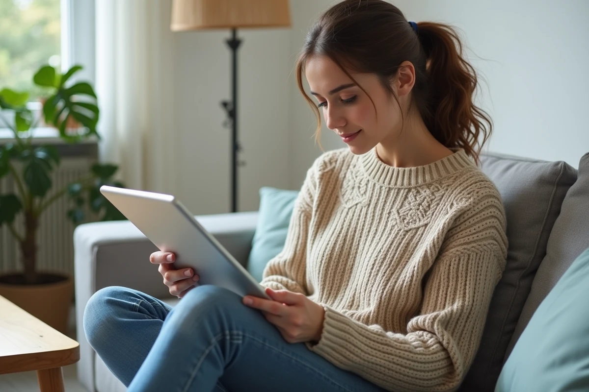 Jeune femme parcourant des archives de forum sur une tablette dans un salon moderne