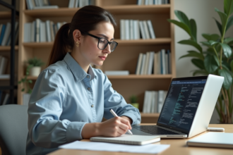 Jeune femme concentrée travaillant sur un ordinateur dans un bureau moderne