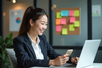 Jeune femme professionnelle souriante au bureau avec ordinateur