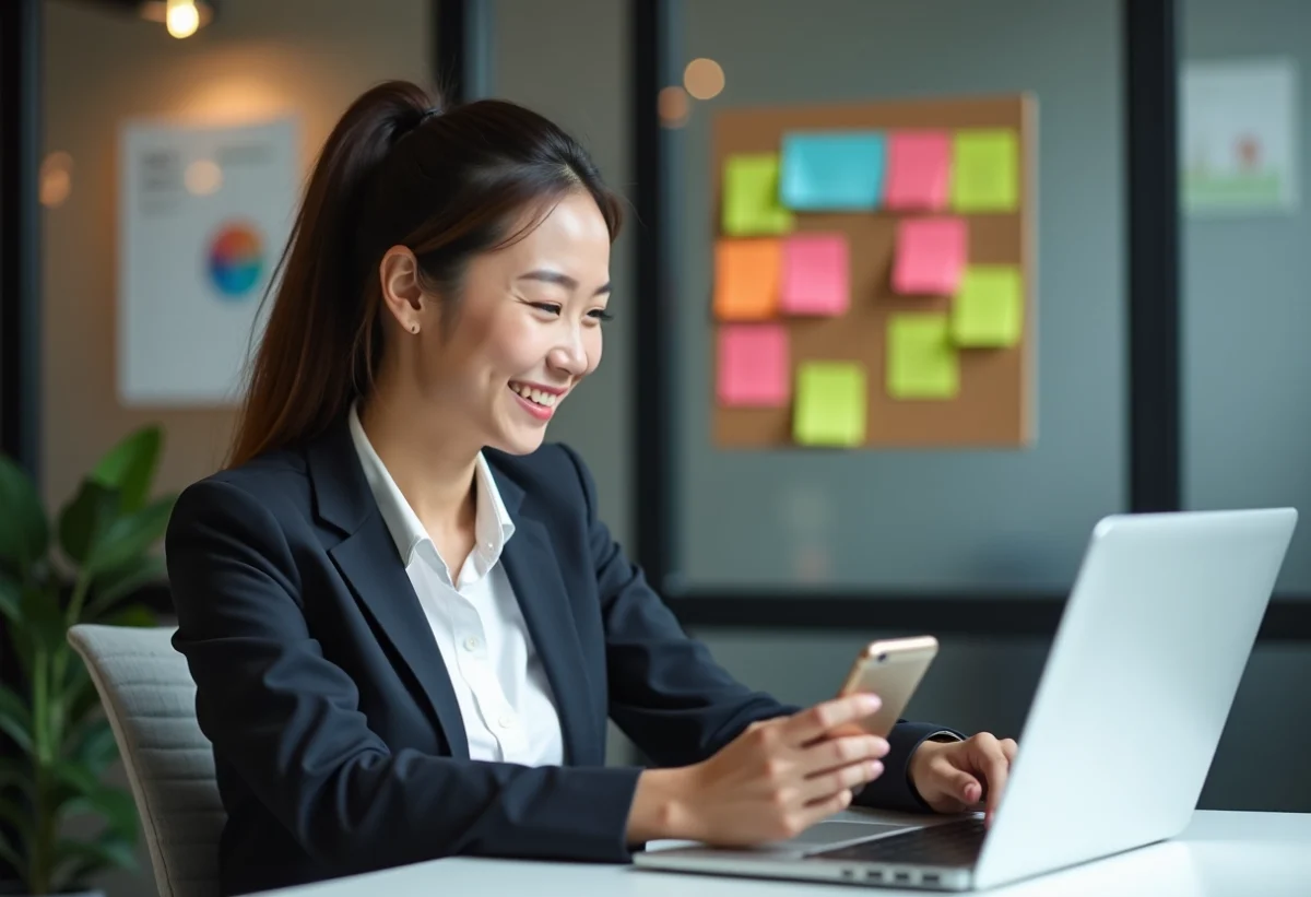 Jeune femme professionnelle souriante au bureau avec ordinateur