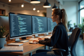 Jeune femme concentrée devant ses écrans en open space