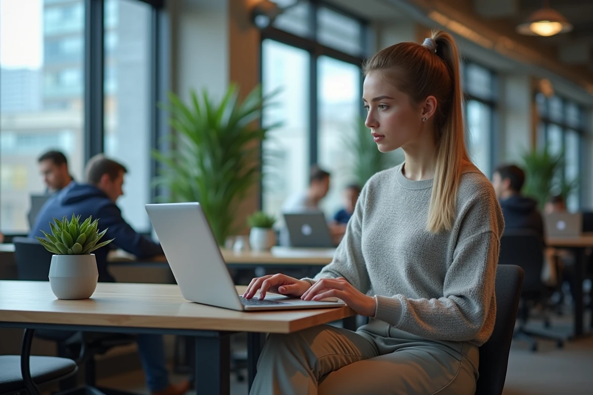 Jeune femme travaillant sur un ordinateur portable dans un espace coworking