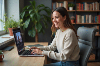 Jeune femme travaillant sur un ordinateur dans un espace cosy