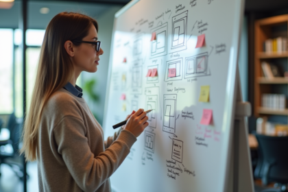 Jeune femme esquissant des flux utilisateur dans un bureau moderne