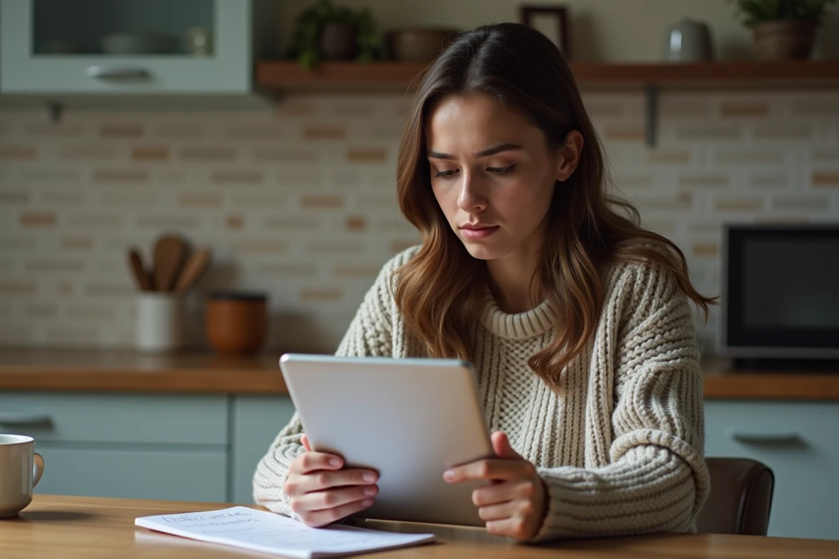 Jeune femme avec tablette et notes dans une cuisine chaleureuse